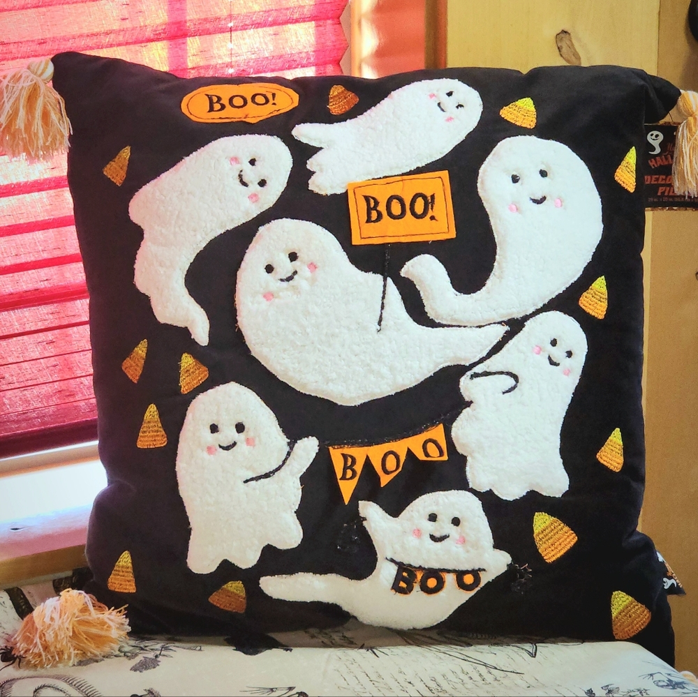 Ghost Pillow with Sherpa Ghosts and Embroidered Candy Corns